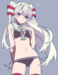 Rule 34 | 10s, 1girl, adapted costume, amatsukaze (kancolle), arm behind back, ass, bare shoulders, bikini, commentary request, gluteal fold, grey background, hair tubes, highres, kantai collection, lifebuoy, long hair, looking at viewer, mochizuki kei, navel, red legwear, sailor bikini, sailor collar, silver hair, simple background, solo, swim ring, swimsuit, thigh gap, thighs, twitter username, two side up, yamada kei