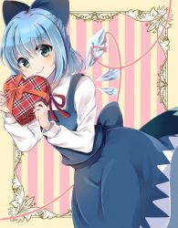 Rule 34 | 1girl, back bow, blue bow, blue dress, blue eyes, blue hair, blue sash, blush, border, bow, box, buttons, cirno, closed mouth, collared shirt, commentary request, crystal, dress, eyelashes, gift, gift box, hair bow, heart, heart-shaped box, heart of string, highres, holding, holding gift, ice, ice wings, pinafore dress, ponta (wwtaimeww), red neckwear, red ribbon, ribbon, sash, shirt, short hair, sleeve cuffs, sleeveless dress, smile, solo, striped, striped background, touhou, white shirt, wing collar, wings