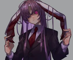 Rule 34 | 1girl, animal ears, bad id, bad twitter id, black jacket, blazer, buttoned cuffs, buttons, collared shirt, commentary, crescent, crescent pin, fingernails, frown, glowing, glowing eyes, grey background, hair over one eye, hand on own ear, hands up, highres, jacket, lapel pin, layered sleeves, long hair, long sleeves, looking at viewer, marimo tarou, necktie, one eye covered, pink eyes, pulling own ear, purple hair, rabbit ears, red necktie, reisen udongein inaba, shirt, simple background, solo, touhou, upper body, very long hair, white shirt
