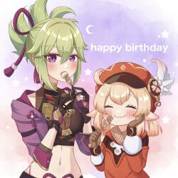Rule 34 | 2girls, ^ ^, ahoge, black gloves, blush, brown gloves, brown scarf, cabbie hat, cake, closed eyes, clover print, coat, commentary request, cropped jacket, eating, english text, fingerless gloves, food, fork, genshin impact, gloves, green hair, hair between eyes, hand on own cheek, hand on own face, happy birthday, hat, hat feather, hat ornament, highres, holding, holding fork, hood, hooded jacket, jacket, japanese clothes, klee (genshin impact), kuki shinobu, light brown hair, long hair, long sleeves, looking at viewer, low twintails, multiple girls, nami harakamiaka, navel, open clothes, open jacket, ponytail, purple eyes, purple jacket, red coat, red headwear, rope, scarf, shimenawa, sidelocks, simple background, smile, stomach, twintails