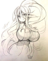 Rule 34 | 10s, 1girl, :t, animal ears, breasts, centaur, centorea shianus, hand on own hip, horse ears, huge breasts, long hair, monochrome, monster girl, monster musume no iru nichijou, ponytail, signature, sketch, solo, taur, traditional media, upper body, very long hair, zerion