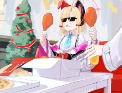 Rule 34 | 2girls, absurdres, animal ear headphones, animal ears, blonde hair, blue archive, blush, bow, cat ear headphones, chicken (food), chips (food), chise 01234, christmas, christmas tree, coat, cup, fake animal ears, fake facial hair, fake mustache, food, hair bow, halo, hat, headphones, highres, holding, holding cup, holding food, indoors, long sleeves, midori (blue archive), momoi (blue archive), multiple girls, off shoulder, open mouth, pizza, potato chips, red bow, santa hat, shirt, solo focus, sunglasses, table, white coat, white shirt