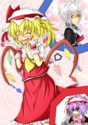 Rule 34 | 1boy, 2girls, ^ ^, ahoge, ascot, bat wings, blonde hair, blush, chibi, choker, closed eyes, collarbone, cup, empty eyes, expressionless, closed eyes, facing away, flandre scarlet, glasses, gloom (expression), hair ribbon, hands on own face, happy, hat, hat ribbon, heart, highres, holding, imagining, japanese clothes, light purple hair, long sleeves, looking at viewer, mob cap, morichika rinnosuke, motion lines, multiple girls, open mouth, pink background, puffy short sleeves, puffy sleeves, red eyes, remilia scarlet, ribbon, rinnku, saucer, semi-rimless eyewear, shaded face, short hair, short sleeves, side ponytail, silver hair, skirt, skirt set, standing, star (symbol), starry background, sweat, teacup, touhou, trembling, under-rim eyewear, wavy mouth, wings, wrist cuffs, yellow eyes