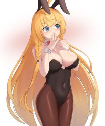 Rule 34 | 1girl, ahoge, alternate costume, animal ears, baek hyang&#039;geum, black leotard, black pantyhose, blue eyes, bow, bowtie, breasts, commentary, covered navel, cowboy shot, detached collar, highres, large breasts, leotard, long hair, orange hair, pantyhose, pecorine (princess connect!), playboy bunny, princess connect!, rabbit ears, red bow, red bowtie, simple background, solo, steepled fingers, strapless, strapless leotard, white background, wrist cuffs