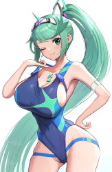 Rule 34 | 1girl, absurdres, alternate costume, breasts, gonzarez, green eyes, green hair, highres, large breasts, long hair, pneuma (xenoblade), ponytail, simple background, solo, swimsuit, very long hair, white background, xenoblade chronicles (series), xenoblade chronicles 2