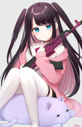 Rule 34 | 1girl, ak-47, assault rifle, basa rutan, black choker, black hair, black skirt, blue eyes, blush, choker, closed mouth, collared shirt, commentary request, feet out of frame, grey background, gun, highres, hood, hood down, hooded jacket, jacket, kaga nazuna, kalashnikov rifle, knees together feet apart, long hair, long sleeves, looking at viewer, mole, mole under eye, multicolored hair, hugging object, off shoulder, open clothes, open jacket, pink hair, pink jacket, pleated skirt, rifle, romaji commentary, shirt, signature, simple background, sitting, skirt, sleeves past wrists, smile, solo, stuffed animal, stuffed cat, stuffed toy, thighhighs, two-tone hair, two side up, very long hair, virtual youtuber, vspo!, weapon, white shirt, white thighhighs