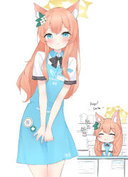Rule 34 | 1girl, absurdres, alternate costume, animal ears, apron, badge, blue archive, blue eyes, blush, cat ears, closed eyes, english text, flower, hair flower, hair ornament, halo, highres, k63sss, long hair, looking at viewer, mari (blue archive), orange hair, smile, solo, white background