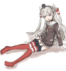Rule 34 | 10s, 1girl, amatsukaze (kancolle), arm support, brown eyes, choker, dabozero, dress, garter straps, hair tubes, headgear, kantai collection, long hair, looking at viewer, neckerchief, open mouth, red thighhighs, sailor collar, sailor dress, silver hair, sitting, smile, solo, striped clothes, striped thighhighs, thighhighs, twintails, two side up, white background, zettai ryouiki