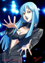 Rule 34 | 1girl, blue hair, bodysuit, breasts, center opening, cleavage, closed mouth, collarbone, gin&#039;oya, lipstick, long hair, looking at viewer, makeup, nemissa, pale skin, solo, soul hackers, zipper