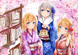 Rule 34 | 3girls, blonde hair, blue eyes, blue flower, blue kimono, bow, branch, closed mouth, commentary request, ema, floral print, flower, grey hair, hair between eyes, hair flower, hair ornament, hand up, highres, holding, japanese clothes, kimono, long hair, multiple girls, mutang, nengajou, new year, obi, original, petals, pink flower, pink kimono, print kimono, red bow, red kimono, sash, side ponytail, smile, very long hair