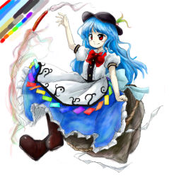 Rule 34 | 1girl, blue hair, boots, bow, brown footwear, color guide, food, fruit, full body, hat, hinanawi tenshi, huyusilver, long hair, official style, parody, peach, puffy short sleeves, puffy sleeves, red bow, red eyes, rock, rope, shide, shimenawa, short sleeves, simple background, smile, solo, style parody, sword of hisou, touhou, zun (style)