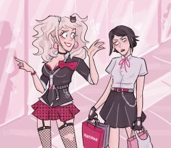 Rule 34 | 2girls, bag, bear hair ornament, belt, black collar, black hair, black lips, black necktie, black shirt, black skirt, blonde hair, blush, bow, bowtie, bra, breasts, cleavage, collar, collarbone, collared shirt, danganronpa: trigger happy havoc, danganronpa (series), earrings, enoshima junko, eyelashes, fingerless gloves, fingernails, fishnet thighhighs, fishnets, freckles, frown, gloves, hair ornament, hoop earrings, ikusaba mukuro, jewelry, looking at another, mall, multicolored necktie, multiple girls, nail polish, neck ribbon, necktie, nose, open mouth, palms, pink background, plaid, plaid skirt, pleated skirt, red belt, red bow, red lips, red nails, red ribbon, red skirt, ribbon, shirt, shopping, shopping bag, short sleeves, siblings, sisters, skirt, sleeves rolled up, smile, standing, star (symbol), teeth, thighhighs, torn fishnets, twins, underwear, wallet chain, white neckitie, window, wristband