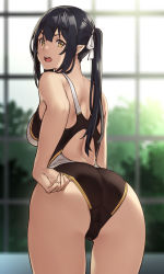 Rule 34 | &gt;:o, 1girl, :o, adjusting clothes, adjusting swimsuit, ass, bent over, black hair, blurry, commentary, competition swimsuit, cowboy shot, depth of field, elf, elf (houtengeki), from behind, hair between eyes, hair ribbon, houtengeki, long hair, looking at viewer, looking back, one-piece swimsuit, open mouth, original, pointy ears, ribbon, solo, swimsuit, trefoil, twintails, v-shaped eyebrows, white ribbon, yellow eyes
