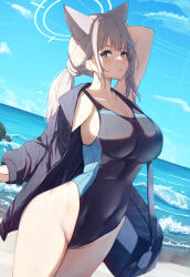 Rule 34 | 1girl, animal ears, arm up, armpits, bag, beach, blue archive, blue bag, blue eyes, blue jacket, blush, breasts, closed mouth, collarbone, covered navel, cross hair ornament, extra ears, grey hair, hair ornament, halo, highleg, highleg swimsuit, highres, jacket, large breasts, liya, long sleeves, looking at viewer, ocean, official alternate costume, open clothes, open jacket, outdoors, shiroko (blue archive), shiroko (swimsuit) (blue archive), shoulder bag, sidelocks, solo, swimsuit, thighs, unzipped, water, wolf ears