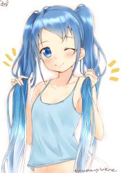 Rule 34 | 10s, 1girl, ;), alternate costume, alternate hairstyle, aqua hair, bare arms, bare shoulders, blue eyes, blue hair, blue shirt, blush, breasts, collarbone, gradient hair, hands up, highres, holding, holding hair, kantai collection, long hair, looking at viewer, mae (maesanpicture), midriff, multicolored hair, navel, numbered, one eye closed, samidare (kancolle), shirt, signature, simple background, sleeveless, small breasts, smile, solo, swept bangs, tank top, twintails, twitter username, two side up, upper body, very long hair, white background