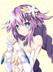 Rule 34 | 10s, 1girl, bare shoulders, blue eyes, braid, breasts, cleavage, female focus, four goddesses online: cyber dimension neptune, gloves, hair ornament, iwashi dorobou -r-, long hair, looking at viewer, neptune (neptunia), neptune (series), own hands clasped, own hands together, purple hair, purple heart (neptunia), solo, symbol-shaped pupils, twin braids, very long hair