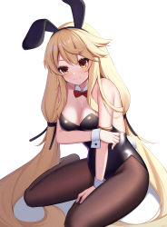 Rule 34 | 1girl, animal ears, black leotard, black pantyhose, blonde hair, bow, bowtie, breasts, brown eyes, cleavage, detached collar, forever 7th capital, highres, kirisame koiiro, leotard, long hair, low-tied long hair, low twintails, medium breasts, pantyhose, playboy bunny, rabbit ears, rabbit tail, red bow, red bowtie, rena (forever 7th capital), simple background, sitting, solo, strapless, strapless leotard, tail, twintails, wariza, white background, wrist cuffs
