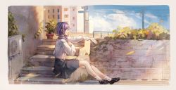 Rule 34 | 1girl, air conditioner, bell, black footwear, border, building, chinese commentary, closed eyes, commentary request, day, falling leaves, from side, glasses, grey border, grey skirt, hair bell, hair ornament, hair over shoulder, hand on own chest, hands up, highres, hoshimi junna, jiaochunhaochi, jingle bell, leaf, light blush, light particles, loafers, long hair, long sleeves, low ponytail, miniskirt, music, open hand, open mouth, outdoors, outstretched arm, plant, potted plant, profile, purple hair, school uniform, seishou music academy uniform, shirt, shirt tucked in, shoes, shoujo kageki revue starlight, side ponytail, sidelocks, singing, sitting, sitting on stairs, skirt, socks, solo, stairs, town, utility pole, white shirt, white socks