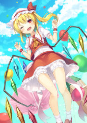Rule 34 | 1girl, ascot, balloon, bird, blonde hair, bloomers, blush, bobby socks, bow, clock, clock tower, cloud, day, fang, flandre scarlet, gurasion (gurasion), hat, highres, mob cap, one eye closed, open mouth, red eyes, side ponytail, skirt, sky, smile, socks, solo, touhou, tower, umbrella, underwear, white hat, wings, wrist cuffs