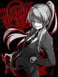 Rule 34 | artist name, blazer, chain, character name, charlotte val halen, collared shirt, commentary request, commission, ebiblue, evil smile, formal, from above, gesugao, highres, indie virtual youtuber, jacket, key, keyring, long hair, looking at viewer, monochrome, necktie, pants, ponytail, shirt, sidelocks, skeb commission, smile, spot color, standing, suit, swept bangs, teeth, twitter username, virtual youtuber, yellow eyes
