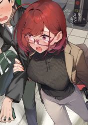 Rule 34 | 1girl, 92m, black sweater, blush, breasts, brown jacket, commentary request, fingernails, grey pants, highres, jacket, jewelry, kinshi no ane (92m), large breasts, long sleeves, necklace, open mouth, original, pants, pink-framed eyewear, red eyes, red hair, short hair, sweater, translation request, turtleneck, turtleneck sweater