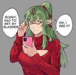 Rule 34 | 1girl, alternate costume, casual, cellphone, clothing cutout, commentary, contemporary, english commentary, english text, fingernails, fire emblem, fire emblem awakening, glasses, green eyes, green hair, green nails, grey background, grin, hair ornament, highres, holding, holding phone, long hair, long sleeves, nintendo, phone, pointy ears, ponytail, red-framed eyewear, red sweater, ribbed sweater, sakuremi, sidelocks, signature, simple background, smile, solo, speech bubble, sweater, tiki (adult) (fire emblem), tiki (fire emblem), turtleneck, turtleneck sweater