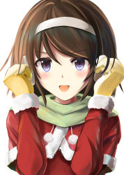 Rule 34 | 10s, 1girl, :d, alternate eye color, blush, brown hair, capelet, christmas, close-up, commentary, gloves, green scarf, hairband, highres, kantai collection, kuroganeruto, long sleeves, looking at viewer, mittens, open mouth, scarf, short hair, simple background, smile, solo, tanikaze (kancolle), upper body, yellow gloves