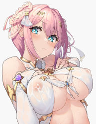 Rule 34 | 1girl, blue eyes, blush, braid, braided hair rings, breasts, bridal gauntlets, cleavage, closed mouth, commentary, covered erect nipples, dress, eyelashes, frown, gingami (giluziru), gloves, grey background, hair between eyes, hair ornament, hair ribbon, hair rings, hands on own chest, highres, large breasts, leaf hair ornament, looking at viewer, nipples, pink hair, princess connect!, revealing clothes, ribbon, see-through, short hair, simple background, solo, underboob, upper body, wet, wet clothes, wet hair, white dress, white gloves, white ribbon, yui (ceremonial) (princess connect!), yui (princess connect!)
