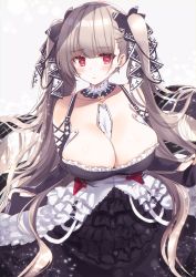 Rule 34 | 1girl, azur lane, bare shoulders, between breasts, black dress, black nails, blush, breasts, cleavage, dress, earrings, flight deck, formidable (azur lane), frilled dress, frills, grey hair, hair ornament, hair ribbon, highres, honoka chiffon, jewelry, large breasts, long hair, long sleeves, looking at viewer, nail polish, red eyes, ribbon, rigging, solo, twintails