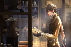 Rule 34 | 1boy, artist name, black gloves, window blinds, bonsai, book, brown eyes, brown hair, brown jacket, chest of drawers, chinese clothes, closed mouth, colored tips, crystal, earrings, expressionless, fuyuni0307, genshin impact, gloves, gradient hair, hair between eyes, hands up, highres, holding, hourglass, indoors, jacket, jar, jewelry, long hair, long sleeves, looking at viewer, low ponytail, male focus, multicolored hair, orange hair, plant, ponytail, potted plant, profile, ring, scroll, shelf, sidelocks, sideways glance, solo, standing, table, tassel, tassel earrings, thumb ring, twitter username, vase, very long hair, vision (genshin impact), watermark, window, zhongli (genshin impact)