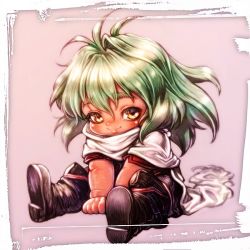 Rule 34 | 1girl, boots, chibi, closed mouth, dark-skinned female, dark skin, emerada (xenogears), full body, green hair, long hair, looking at viewer, scarf, simple background, smile, solo, souri, thick eyebrows, thighhighs, xenogears, yellow eyes