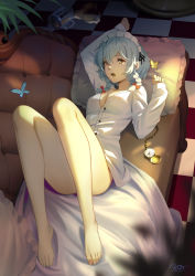 Rule 34 | 1girl, absurdres, arm up, bare legs, barefoot, blanket, blue hair, bottomless, bow, braid, breasts, brown eyes, bug, butterfly, checkered floor, cleavage, couch, full body, hair bow, highres, indoors, insect, izayoi sakuya, knees up, long hair, long sleeves, looking at viewer, maid headdress, mato kuroi, medium breasts, no bra, on couch, open mouth, partially unbuttoned, pillow, pocket watch, red bow, saliva, shirt, solo, spill, tears, touhou, twin braids, watch, white shirt