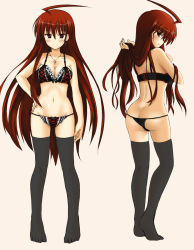 Rule 34 | 1girl, ahoge, ass, black thighhighs, blush, bra, breasts, brown eyes, brown hair, butt crack, character sheet, cleavage, cross, cross necklace, feet, from behind, hand on own hip, highres, huge ahoge, jewelry, large breasts, lingerie, long hair, looking at viewer, multiple views, navel, necklace, okine (okitakung), okitakung, original, panties, red eyes, red hair, smile, thighhighs, thong, turnaround, underwear, underwear only, very long hair