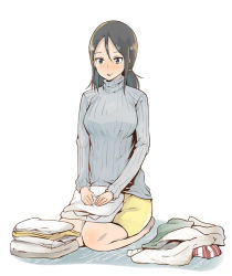 Rule 34 | 10s, 1girl, alternate costume, barefoot, blue eyes, blush, breasts, brown hair, closed mouth, full body, gensokigou, girls und panzer, hair between eyes, laundry, long sleeves, medium breasts, nonna (girls und panzer), nose blush, pencil skirt, ribbed sweater, seiza, simple background, sitting, skirt, smile, solo, sweater, turtleneck, white background, yellow skirt