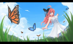 Rule 34 | 1girl, ahoge, alternate costume, arceonn, bare shoulders, blue eyes, blue sky, borrowed character, breasts, bug, butterfly, cloud, cloudy sky, day, dress, drill hair, fisheye, highres, insect, large breasts, letterboxed, long hair, original, outstretched arms, pink hair, sakuraba himari (magister), sky, smile, solo, strapless, strapless dress, twin drills, twintails, white dress