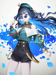 Rule 34 | 1girl, absurdres, bare shoulders, beret, black hair, black shorts, blue hair, bracelet, breasts, buttons, colored inner hair, copyright name, double-breasted, eyeliner, fate/grand order, fate (series), green hat, green jacket, grey eyes, hat, highres, jacket, jewelry, key, long hair, long sleeves, looking at viewer, looking over eyewear, makeup, multicolored hair, neck ring, o-ring, off shoulder, petals, purple-tinted eyewear, revision, round eyewear, shorts, sidelocks, small breasts, smile, solo, sunglasses, tenochtitlan (fate), tenochtitlan (second ascension) (fate), thighs, tinted eyewear, wavy hair, yuniyuni, zipper