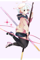 Rule 34 | 1girl, absurdres, ahoge, ankle strap, between legs, black hair, blush, cloud, commentary request, high heels, highres, hood, hood down, hoodie, horns, inverted colors, looking at viewer, neckerchief, open mouth, original, oversized object, pleated skirt, pocky day, purple background, sheep horns, short hair, silver hair, skirt, solo, soranagi yuki, sparkle, thick thighs, thighs, white neckerchief