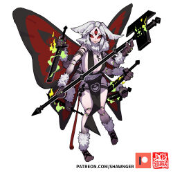 Rule 34 | arthropod girl, axe, barefoot, butterfly wings, dice clan, highres, insect wings, multiple arms, pale skin, red eyes, shawnger, sword, third eye, unusual pupils, watermark, weapon, white hair, wings