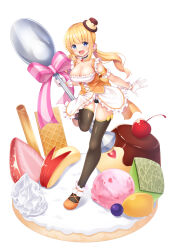 Rule 34 | 1girl, 7fuji 06, ankle cuffs, apple rabbit, armband, back bow, blonde hair, blue eyes, blush, bow, breasts, cherry, choker, cleavage, doughnut hair ornament, dress, food, food-themed hair ornament, food art, frilled armband, frilled choker, frilled dress, frilled gloves, frills, fruit, full body, gloves, hair ornament, highres, holding, holding spoon, ice cream, large breasts, long hair, looking at viewer, low twintails, melon, melon slice, on food, open mouth, original, oversized object, panties, pudding, pudding hair ornament, ribbon, smile, solo, spoon, standing, standing on one leg, strawberry, thighhighs, twintails, underbust, underwear, wafer, wafer stick, whipped cream