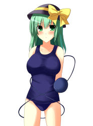 Rule 34 | 1girl, aged up, ash (pixiv53802), bad id, bad pixiv id, breasts, female focus, green eyes, green hair, hat, hat ribbon, komeiji koishi, large breasts, matching hair/eyes, one-piece swimsuit, ribbon, school swimsuit, simple background, solo, sun hat, swimsuit, third eye, touhou, white background