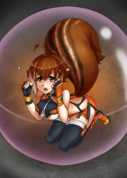 Rule 34 | 1girl, animal ears, antenna hair, arc system works, black thighhighs, blazblue, blazblue: continuum shift, blush, boots, breasts, brown hair, crop top, fingerless gloves, gloves, in container, kneeling, large breasts, looking back, lowleg, makoto nanaya, mini person, minigirl, multicolored hair, no bra, open mouth, orange skirt, purinnssu, red eyes, revealing clothes, short hair, skirt, solo, squirrel ears, squirrel tail, tail, tears, thighhighs, two-tone hair, underboob, white hair, zipper