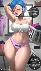 Rule 34 | 1girl, absurdres, arm behind head, blue hair, blush, breasts, bulma, choker, cleavage, closed eyes, dragon ball, dragonball z, echo saber, english text, highres, indoors, large breasts, laundry basket, navel, open mouth, shirt, short hair, solo, speech bubble, standing, talking, tank top, teeth, thick thighs, thighs, tied shirt, underwear, upper teeth only, wide hips