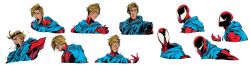 Rule 34 | absurdres, ami thompson, animal print, ben reilly, bodysuit, character profile, character sheet, expressions, highres, hood, hooded bodysuit, hoodie, marvel, mask, multiple views, muscular, official art, scarlet spider, simple background, spider-man: across the spider-verse, spider-man (series), spider-verse, spider print, superhero costume, variations, white background