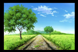 Rule 34 | absurdres, blue sky, border, cloud, commentary request, day, grass, highres, hill, hirota (masasiv3), no humans, outdoors, road, scenery, sky, tree
