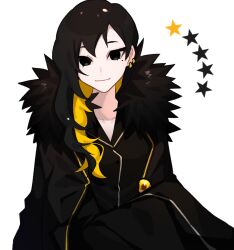 Rule 34 | binah (project moon), black coat, black dress, black eyes, black hair, blonde hair, breasts, coat, colored inner hair, commentary request, dress, earclip, fur-trimmed coat, fur trim, hair over shoulder, highres, ketsuana, library of ruina, looking at viewer, mole, mole under eye, multicolored hair, open clothes, open coat, project moon, simple background, small breasts, smile, white background