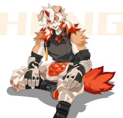 Rule 34 | 1boy, ahonobo, animal ears, arknights, bare shoulders, black shirt, brown fur, detached sleeves, dog boy, dog ears, dog tail, foot out of frame, furry, furry male, horns, hung (arknights), looking at viewer, male focus, medium hair, multicolored hair, muscular, muscular male, orange eyes, orange hair, pectorals, shirt, simple background, single horn, sleeveless, sleeveless shirt, smile, streaked hair, tail, two-tone fur, white background, white fur, white hair, yellow eyes