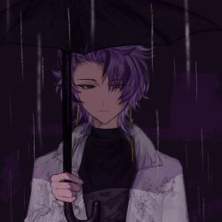 Rule 34 | 1boy, :|, absurdres, black sweater, black umbrella, chinese commentary, closed mouth, commentary request, earrings, highres, holding, holding umbrella, jacket, jewelry, long sleeves, looking at viewer, male focus, open clothes, open jacket, purple hair, qiyuexialiang, rain, red eyes, saibou shinkyoku, short hair, solo, sweater, theodore riddle, turtleneck, turtleneck sweater, umbrella, white jacket