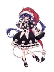 Rule 34 | 1girl, ;3, black capelet, black dress, black footwear, blue eyes, blue hair, boots, capelet, closed mouth, commentary request, doremy sweet, dress, full body, fur bracelet, fur trim, hand up, hat, highres, long hair, long sleeves, looking at viewer, nightcap, one eye closed, pom pom (clothes), red hat, ribbon trim, roamu 65, sewing pin, simple background, single sleeve, smile, solo, tail, tapir tail, touhou, very long hair, white background, white dress