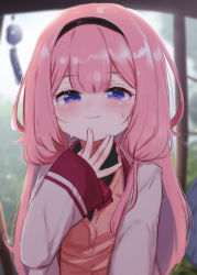 Rule 34 | 1girl, absurdres, black hairband, blurry, blurry background, blush, buttons, closed mouth, commentary request, hairband, hand up, highres, jacket, long hair, long sleeves, nijisanji, open clothes, open jacket, pillar, pink hair, purple eyes, sleeves past wrists, solo, suo sango, suo sango (1st costume), sweat, utsusumi kio, virtual youtuber, white jacket