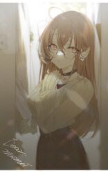 Rule 34 | 1girl, absurdres, ahoge, backlighting, belt, berry, black choker, brown eyes, brown hair, brown skirt, choker, dacqoise, earrings, food-themed earrings, glasses, highres, hololive, hololive english, jewelry, light rays, long hair, long skirt, multicolored hair, nanashi mumei, nanashi mumei (casual), necklace, official alternate costume, red shirt, round eyewear, runes, shirt, skirt, sleeves past wrists, streaked hair, sweater, very long hair, virtual youtuber, white sweater